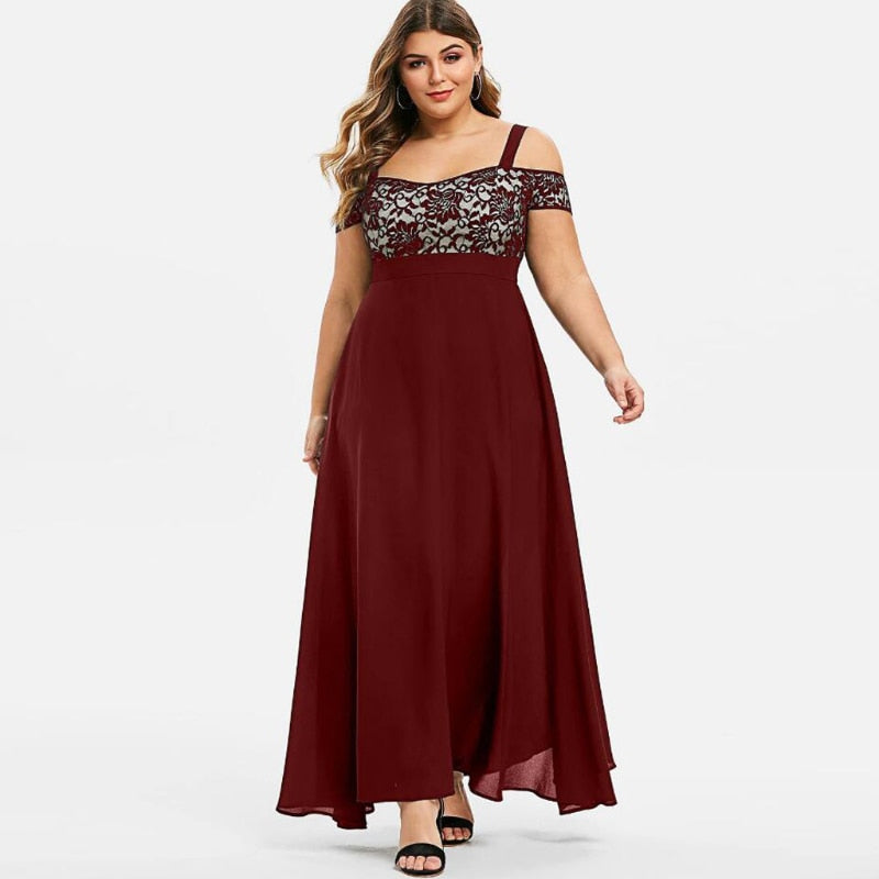 Floral Lace Cold-Shoulder Empire Waist Chiffon Maxi Dress 16