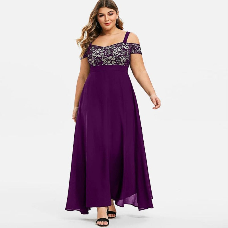 Floral Lace Cold-Shoulder Empire Waist Chiffon Maxi Dress 15