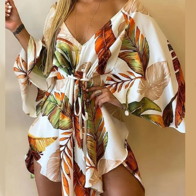 Sexy V-neck Bat Sleeve Bohemian Floral Beach Sundress