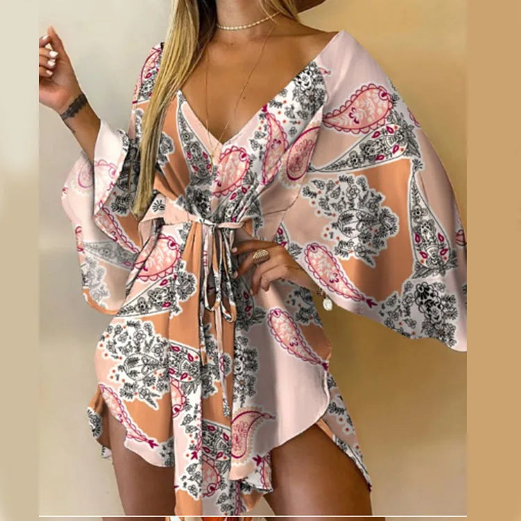 Sexy V-neck Bat Sleeve Bohemian Floral Beach Sundress