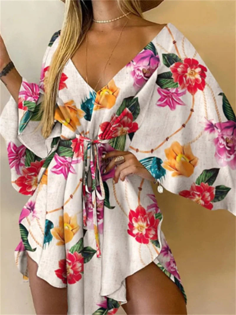 Sexy V-neck Bat Sleeve Bohemian Floral Beach Sundress