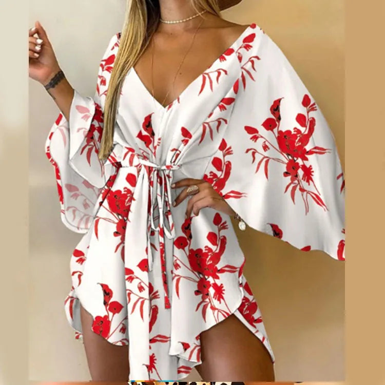 Sexy V-neck Bat Sleeve Bohemian Floral Beach Sundress