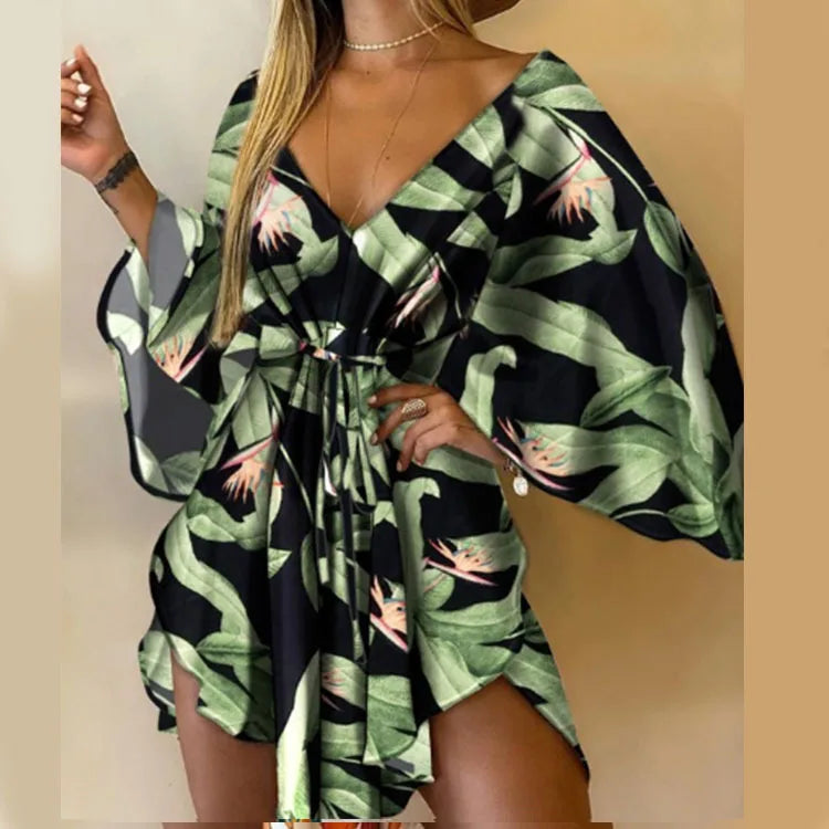 Sexy V-neck Bat Sleeve Bohemian Floral Beach Sundress