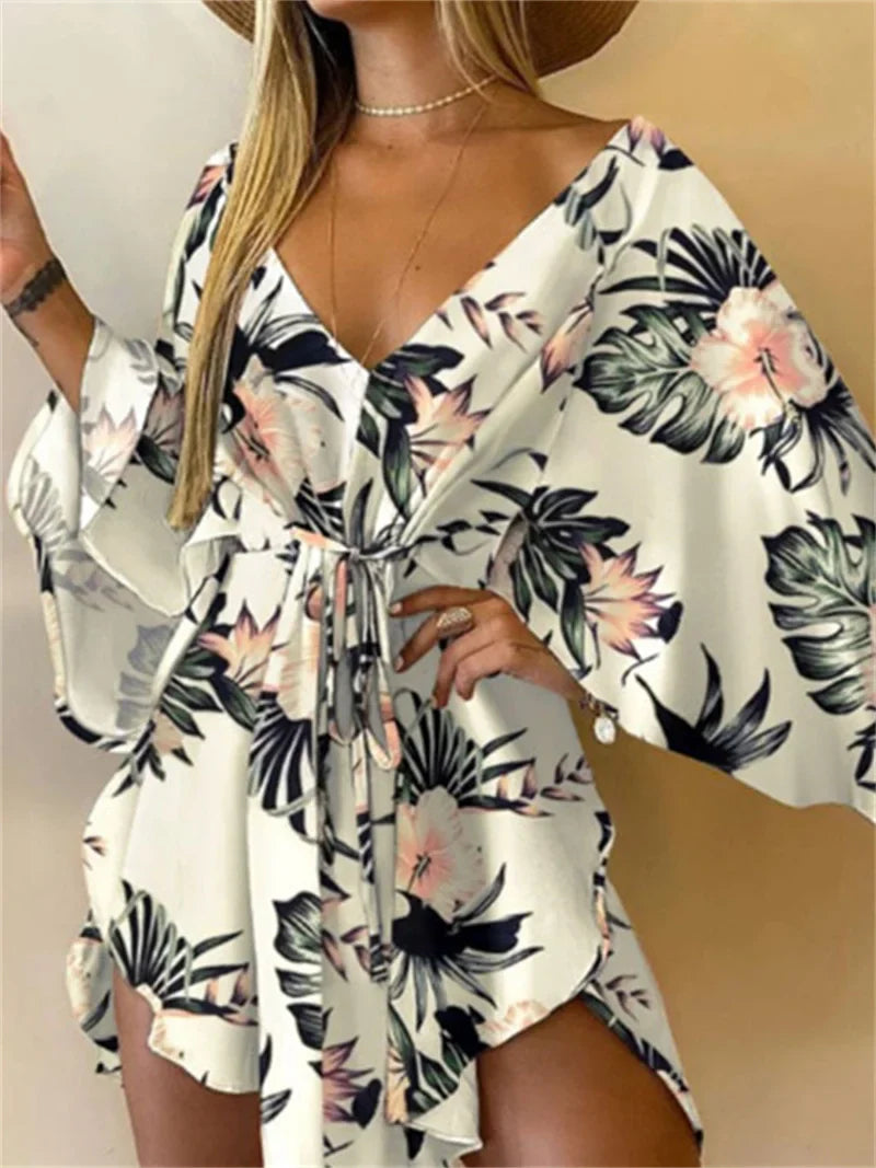 Sexy V-neck Bat Sleeve Bohemian Floral Beach Sundress