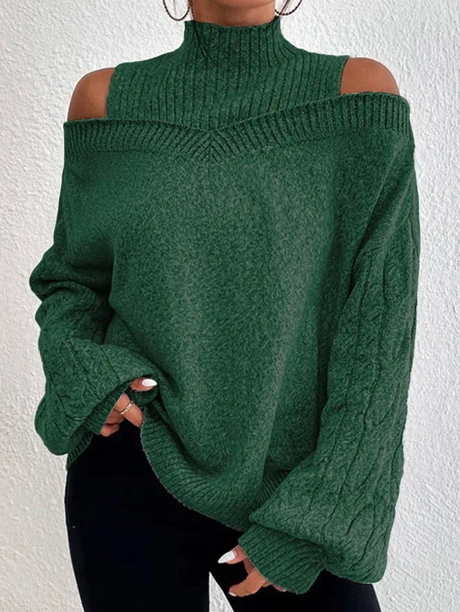 Off Shoulder Semi High Neck Knit Sweater 10