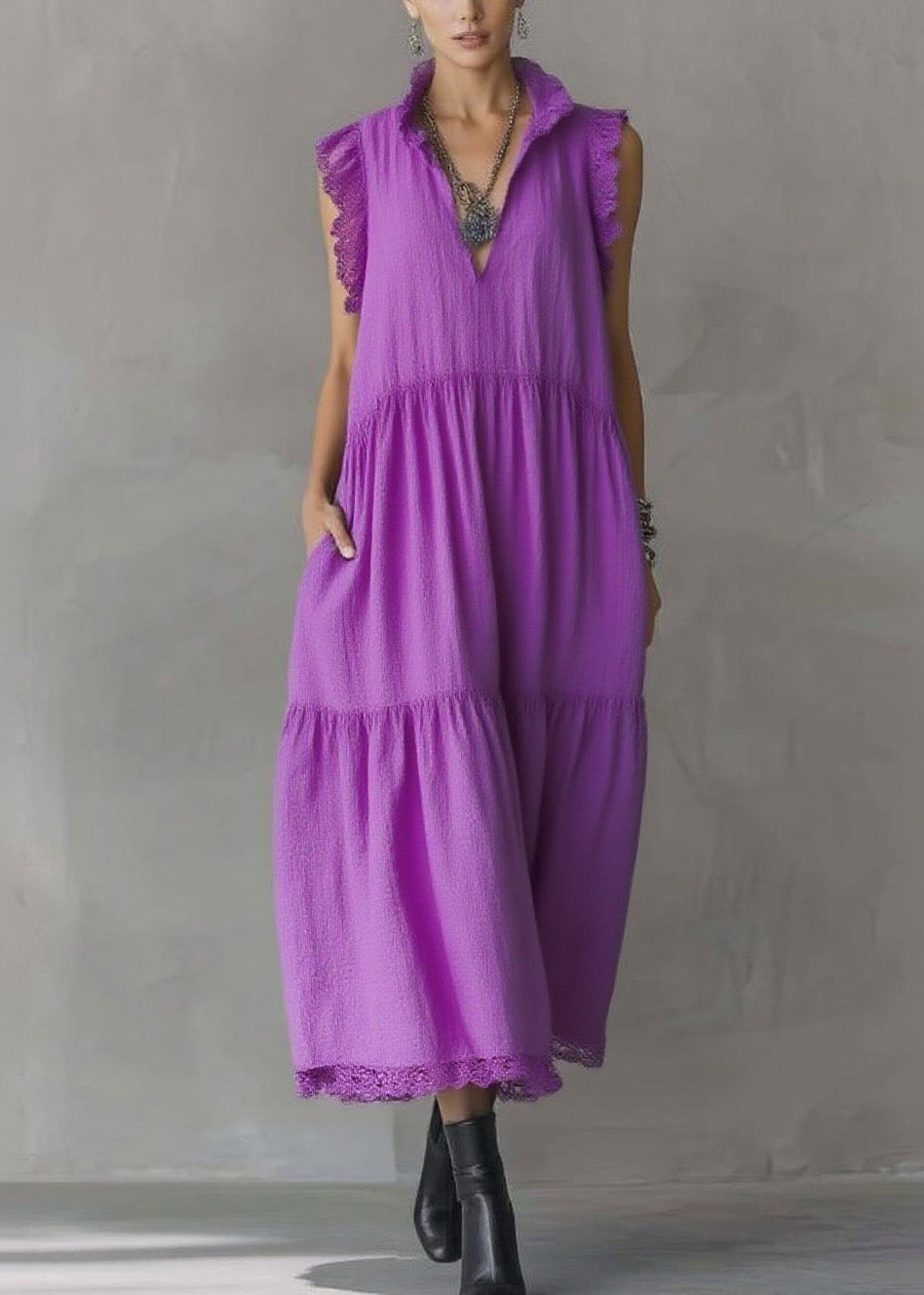 Women Purple Ruffled Lace Patchwork Cotton Dresses Sleeveless - View 3