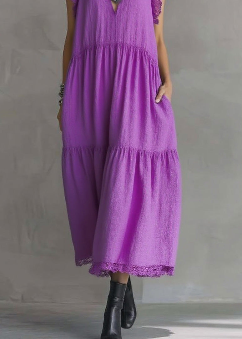 Women Purple Ruffled Lace Patchwork Cotton Dresses Sleeveless - View 4