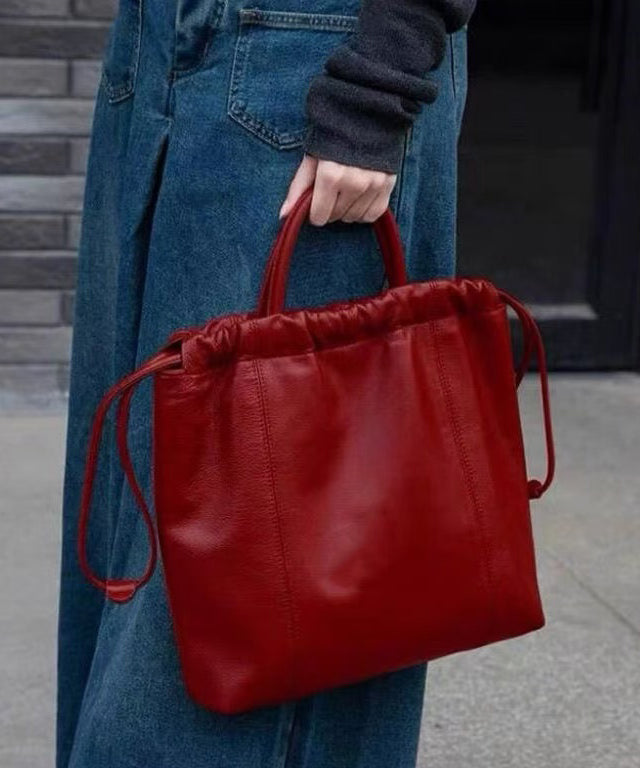 Large Drawstring Handbag Capacity Faux Satchel Leather Red