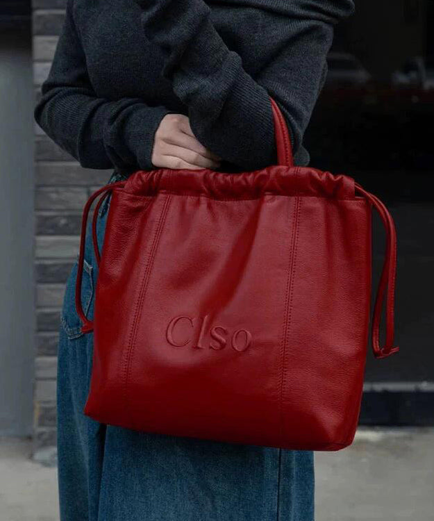 Large Drawstring Handbag Capacity Faux Satchel Leather Red