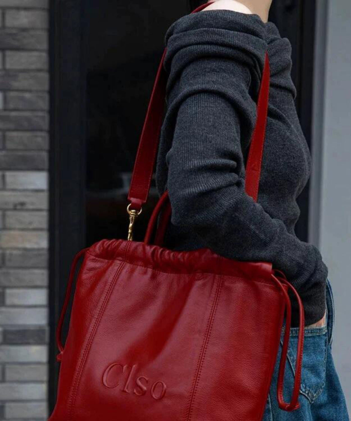 Large Drawstring Handbag Capacity Faux Satchel Leather Red