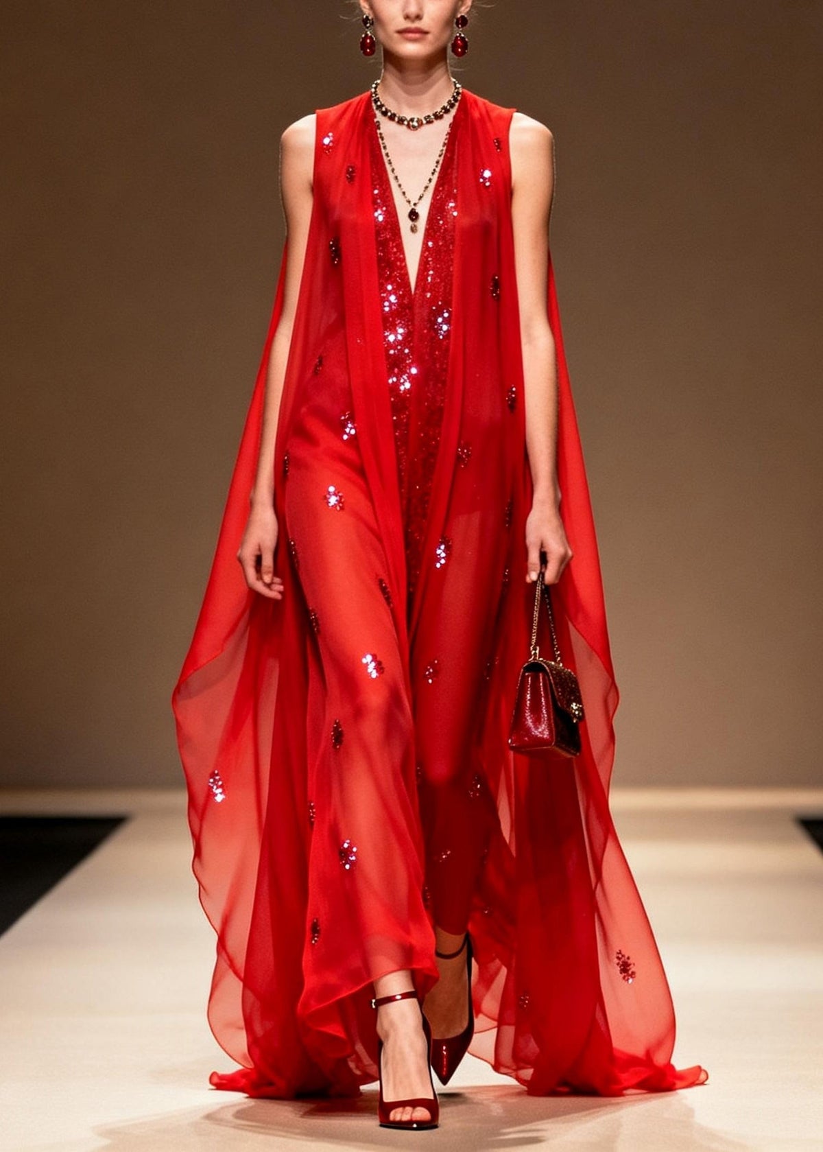 Sequin Deep V-Neck Sleeveless Sheer Cape Evening Gown - View 3