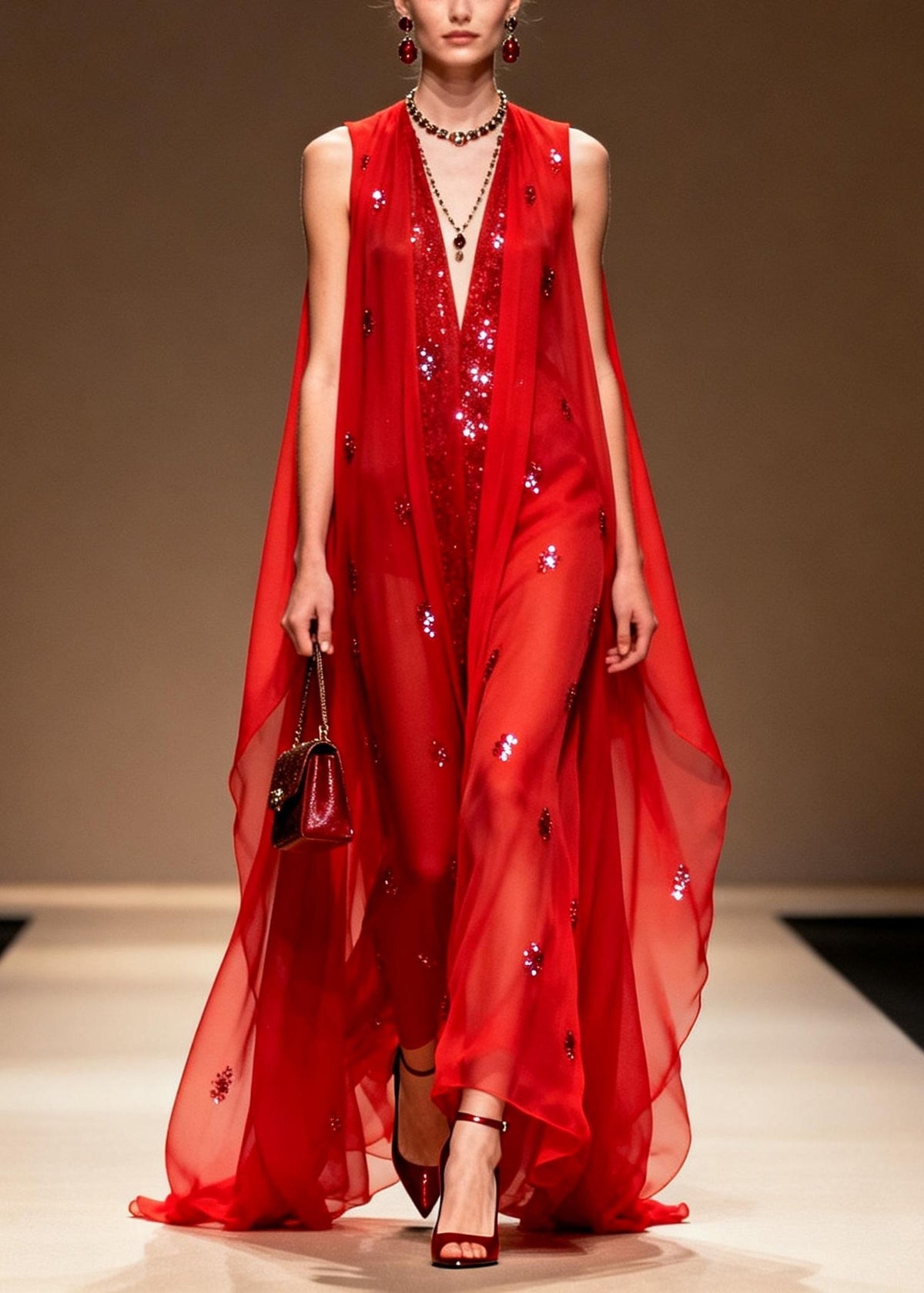 Sequin Deep V-Neck Sleeveless Sheer Cape Evening Gown - View 5
