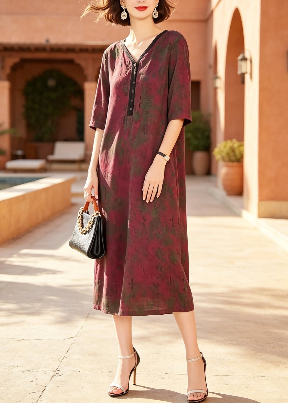 V-Neck Button Front Abstract Print Elbow Sleeve Relaxed Midi Dress