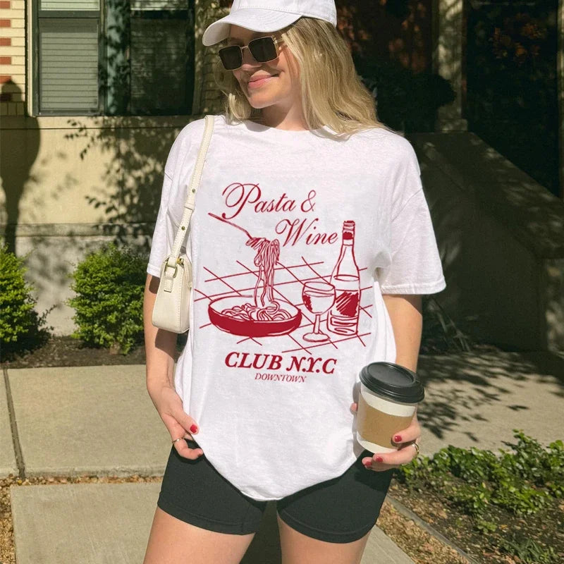 Pasta Wine Club Retro Aesthetic T-shirt - Fashionpara