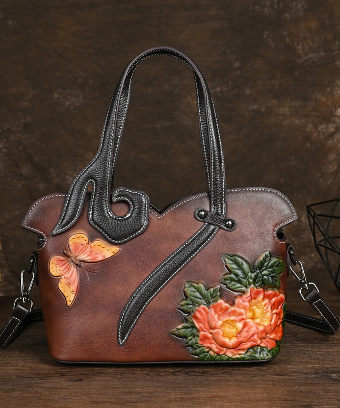 Leather Coffee Handbag Embossed Calf Tote Retro