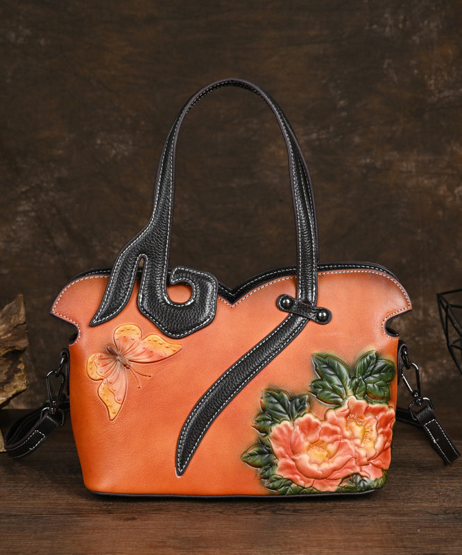 Leather Coffee Handbag Embossed Calf Tote Retro