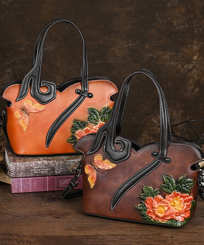 Leather Coffee Handbag Embossed Calf Tote Retro