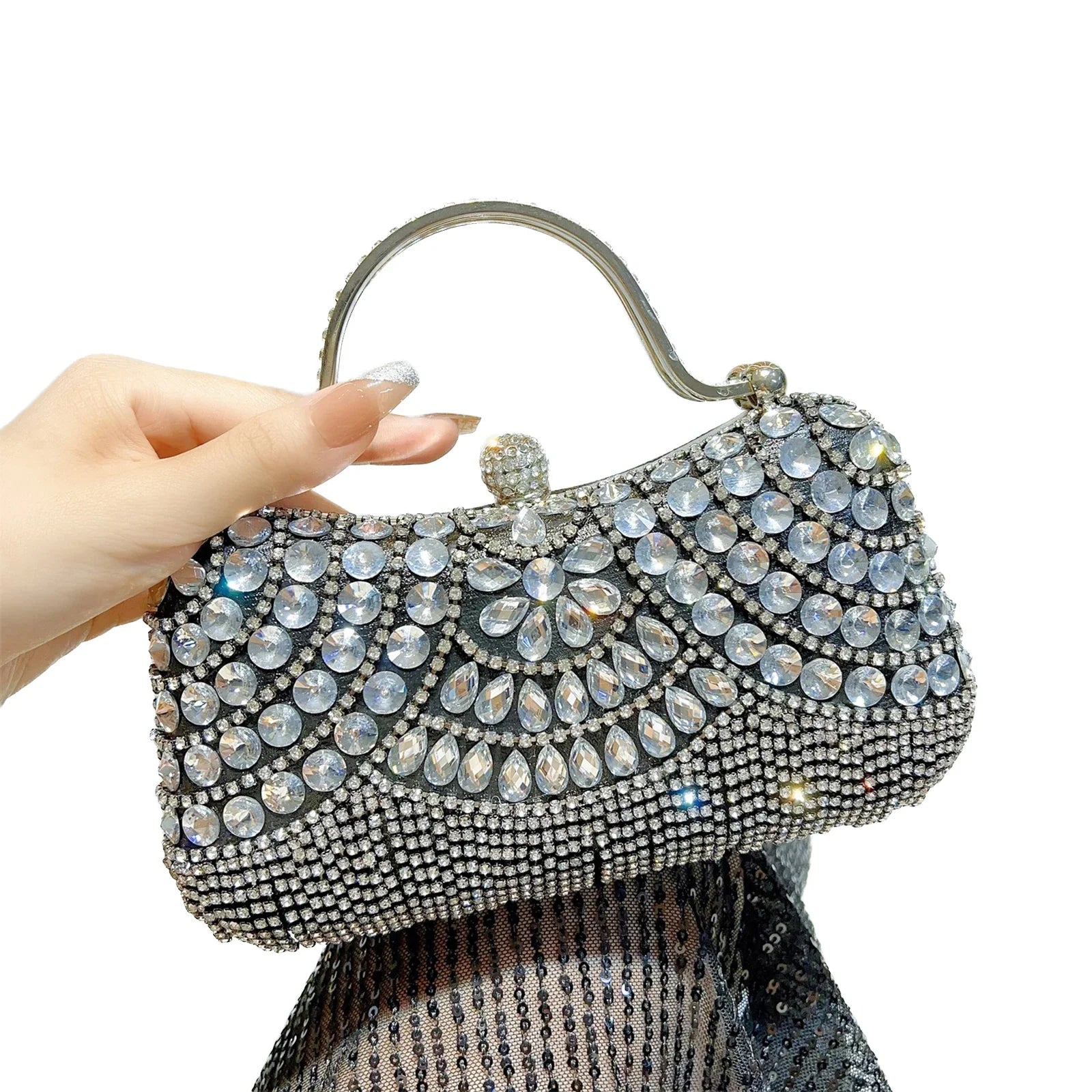 Rhinestone Silver Sparkling Tassel Shoulder Evening Clutch Bag