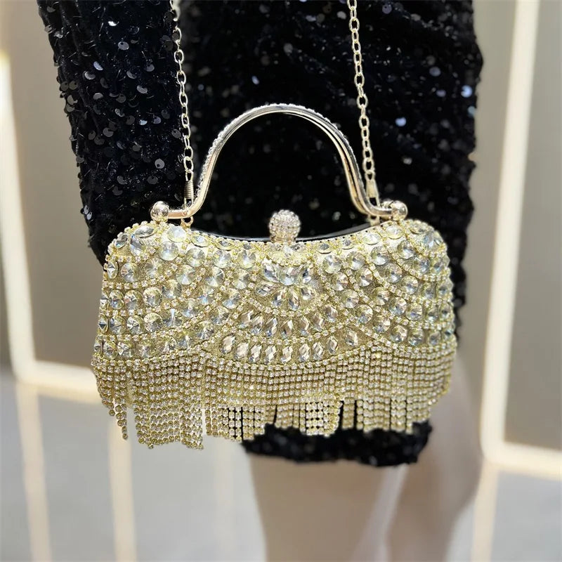 Rhinestone Silver Sparkling Tassel Shoulder Evening Clutch Bag