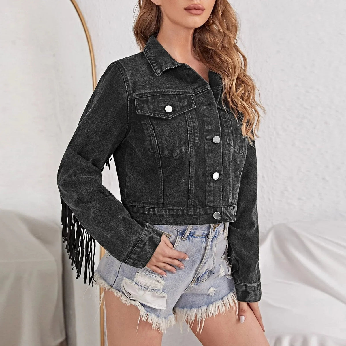 Crop Long Sleeve Button Tassel With Fringe Commuting Warm Versatile Jacket 4