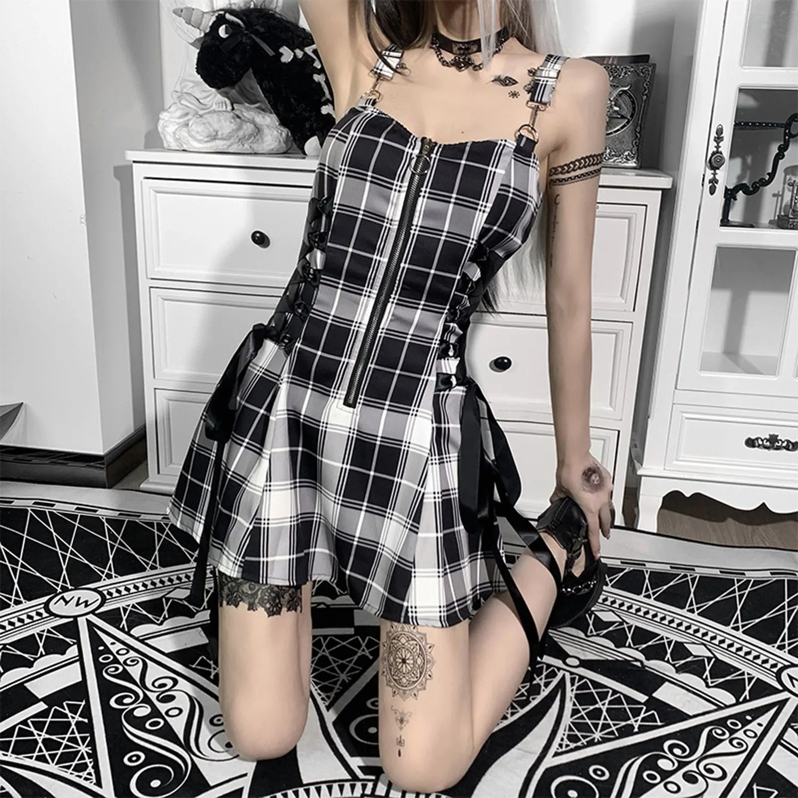 Soft Lace-up Checkered Mini Dress