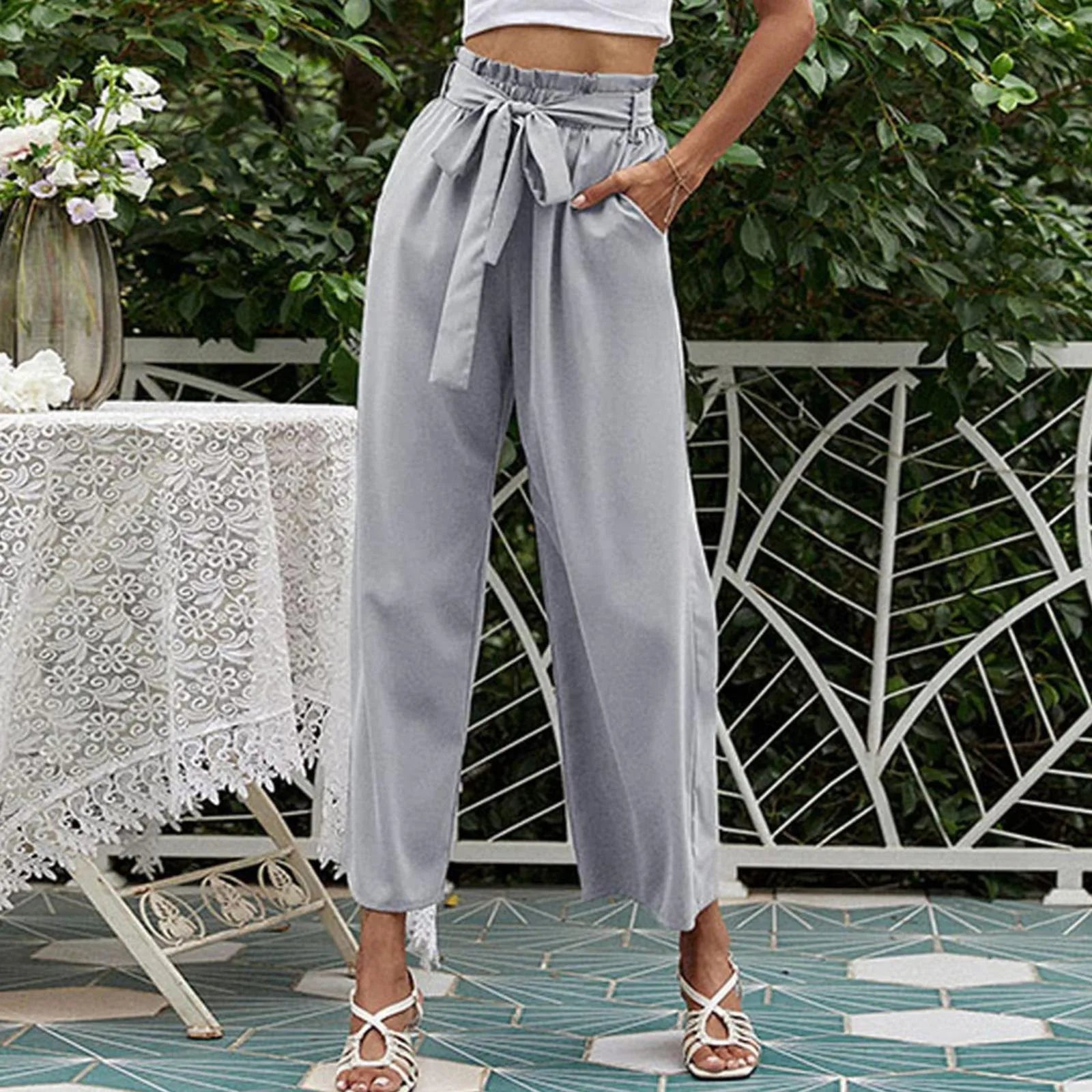 Bow Waistband Pleated Cotton Linen Pants
