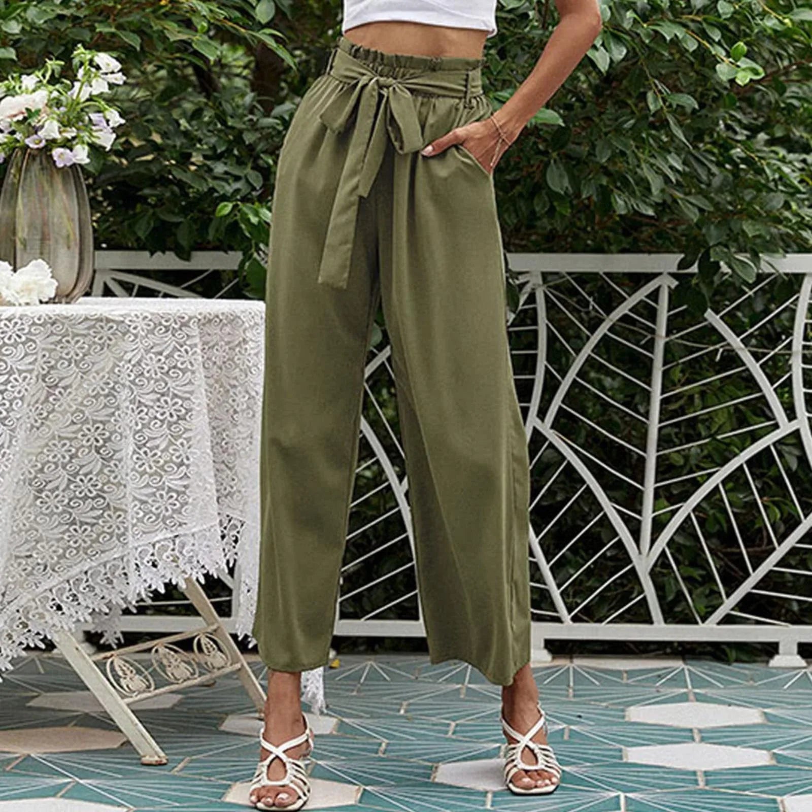 Bow Waistband Pleated Cotton Linen Pants