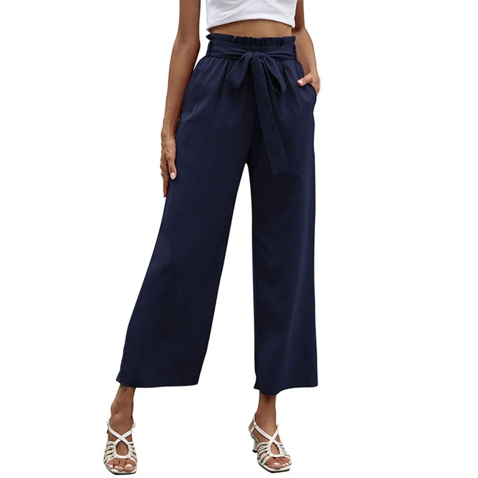 Bow Waistband Pleated Cotton Linen Pants