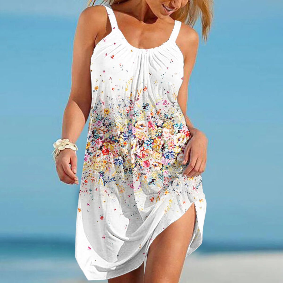 Sunflower Print U-Neck Spaghetti Strap Beach Mini Dress 12