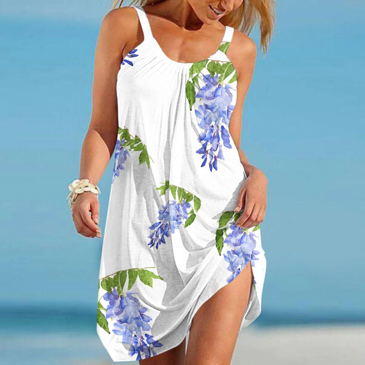 Sunflower Print U-Neck Spaghetti Strap Beach Mini Dress 11
