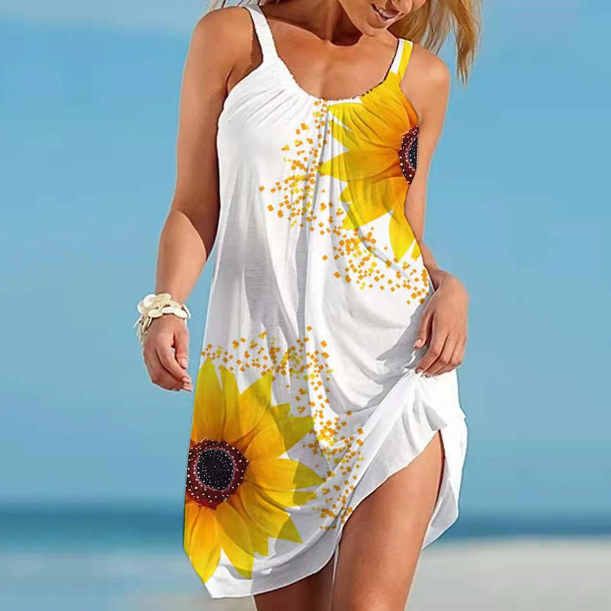 Sunflower Print U-Neck Spaghetti Strap Beach Mini Dress 7