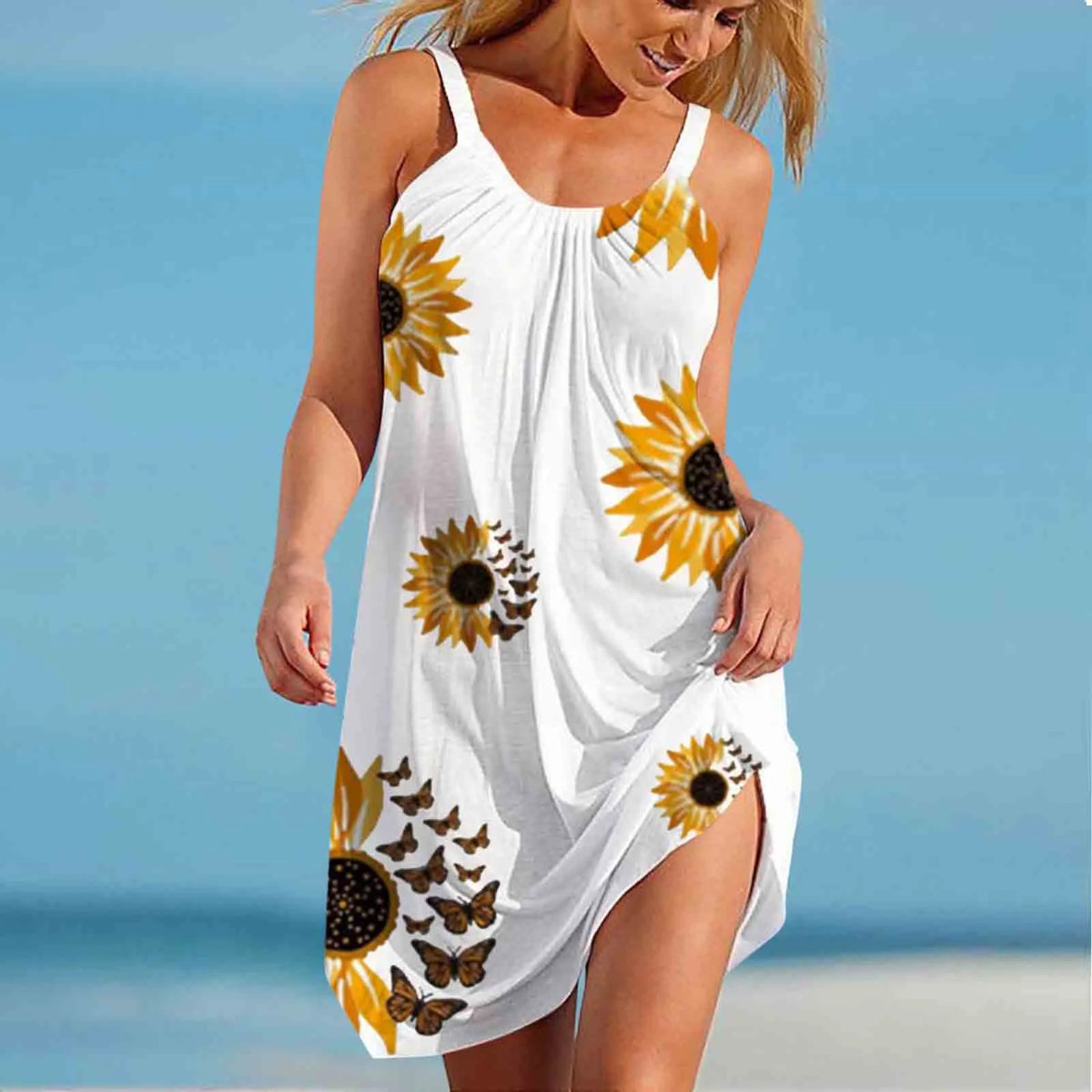 Sunflower Print U-Neck Spaghetti Strap Beach Mini Dress 8