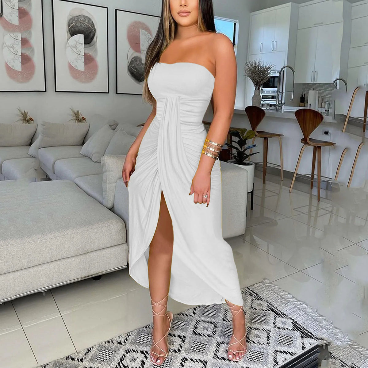 Ruched Strapless Draped Wrap High-Slit Midi Dress 9
