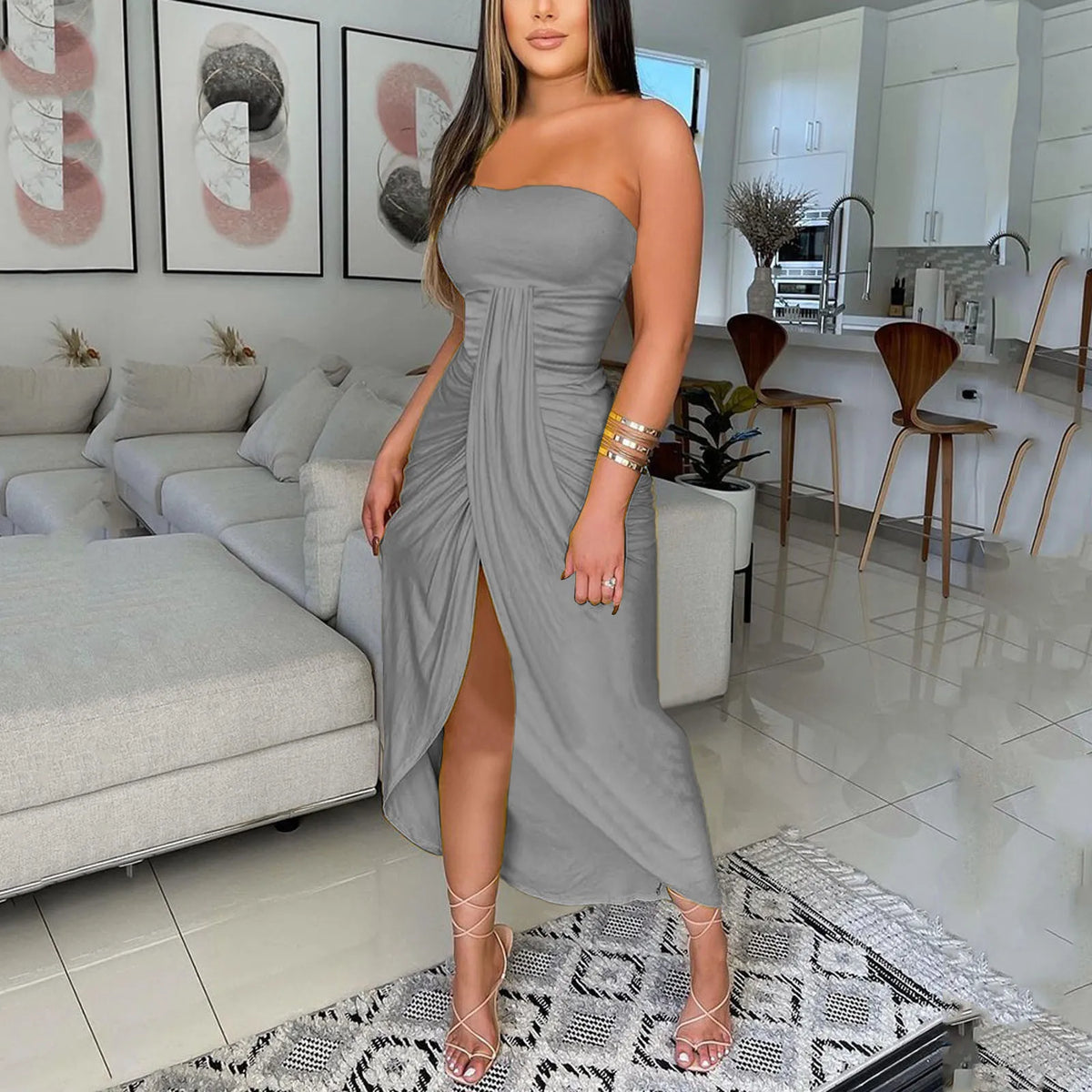 Ruched Strapless Draped Wrap High-Slit Midi Dress 7