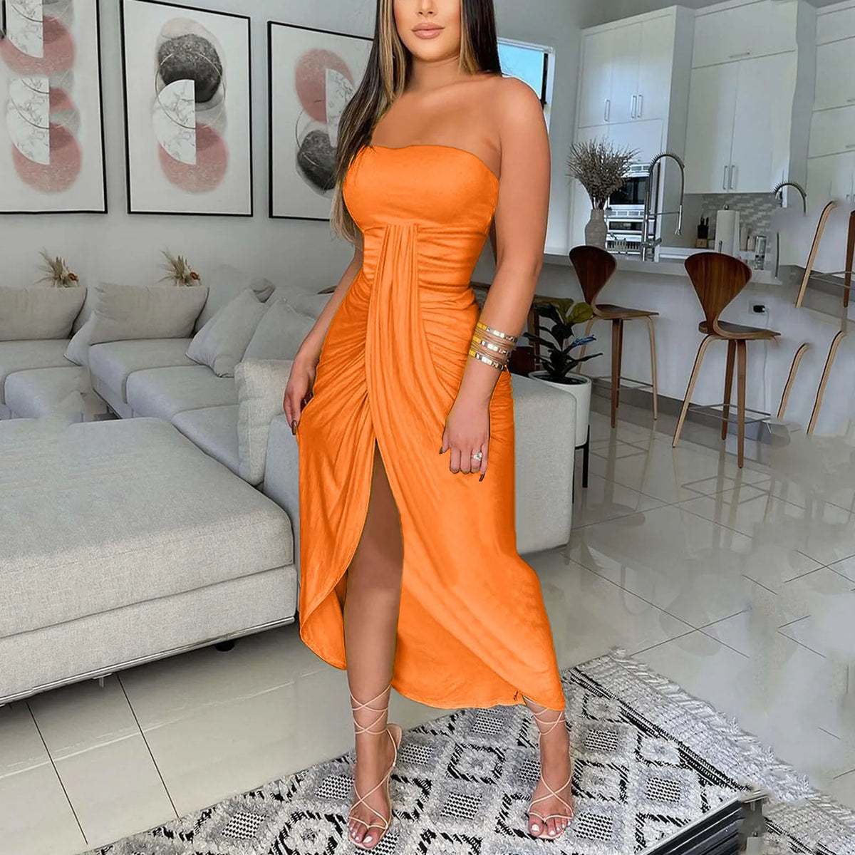Ruched Strapless Draped Wrap High-Slit Midi Dress 8