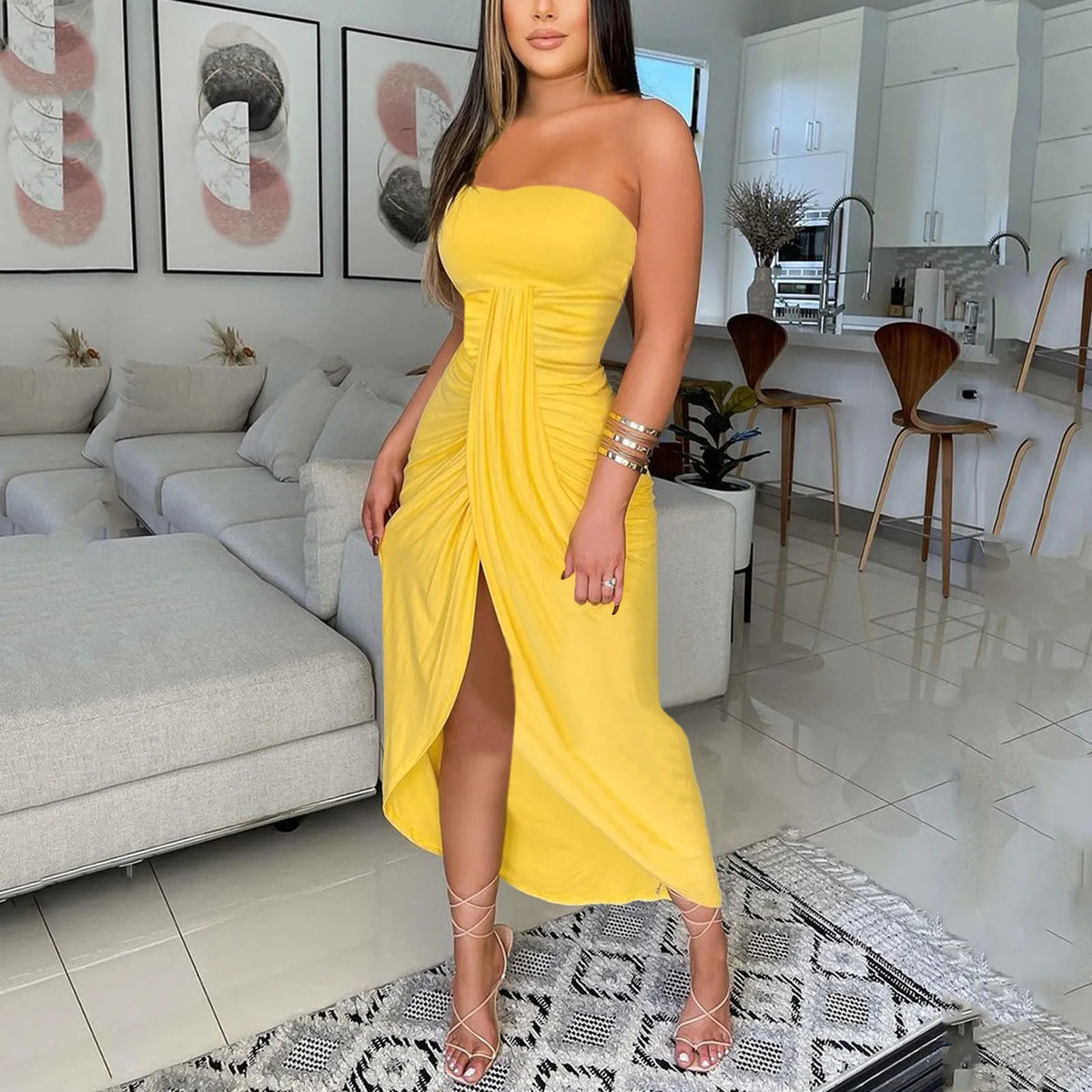 Ruched Strapless Draped Wrap High-Slit Midi Dress 10