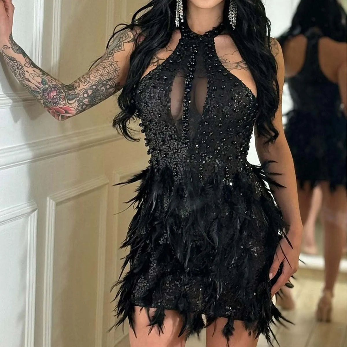 Sequin Feather Halter Neck Cut Out Bodycon Mini Dress