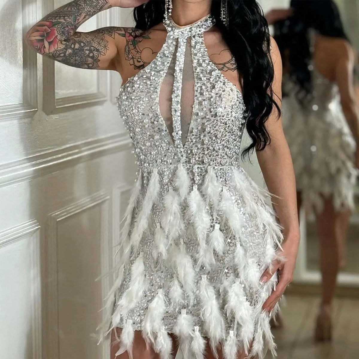 Sequin Halter Feather-Trim Bodycon Mini Dress 3