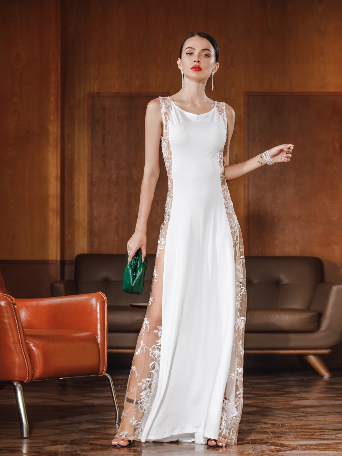 Women Sexy Mesh Emborideried Specing Patchwork Evening Party Dress - Fashionpara