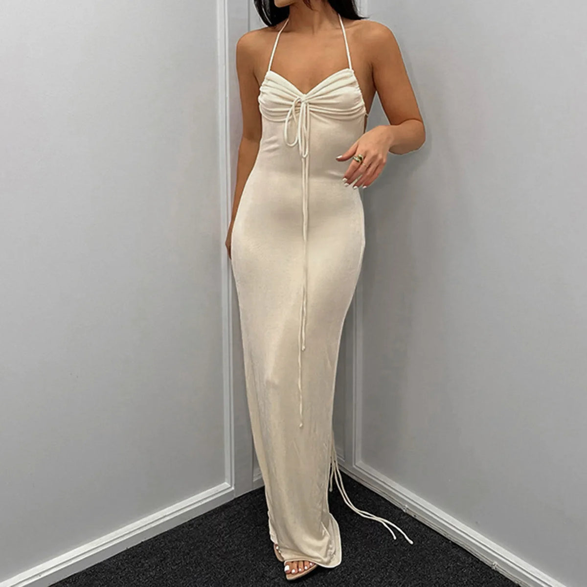 Halter-Neck Ruched Backless Bodycon Maxi Dress