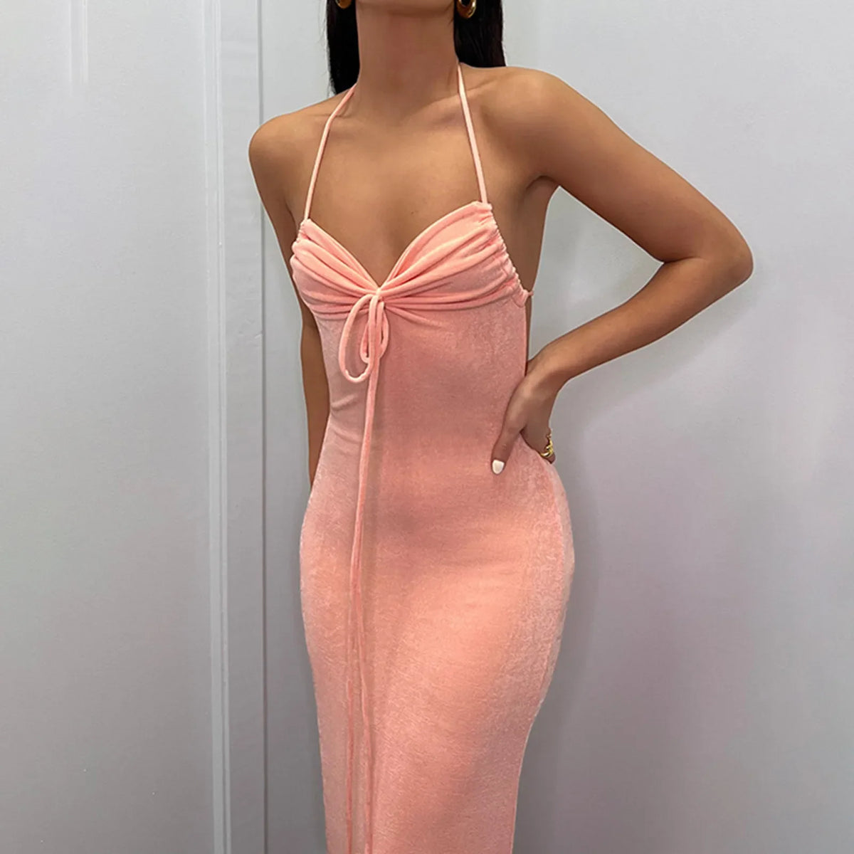 Halter-Neck Ruched Backless Bodycon Maxi Dress 2