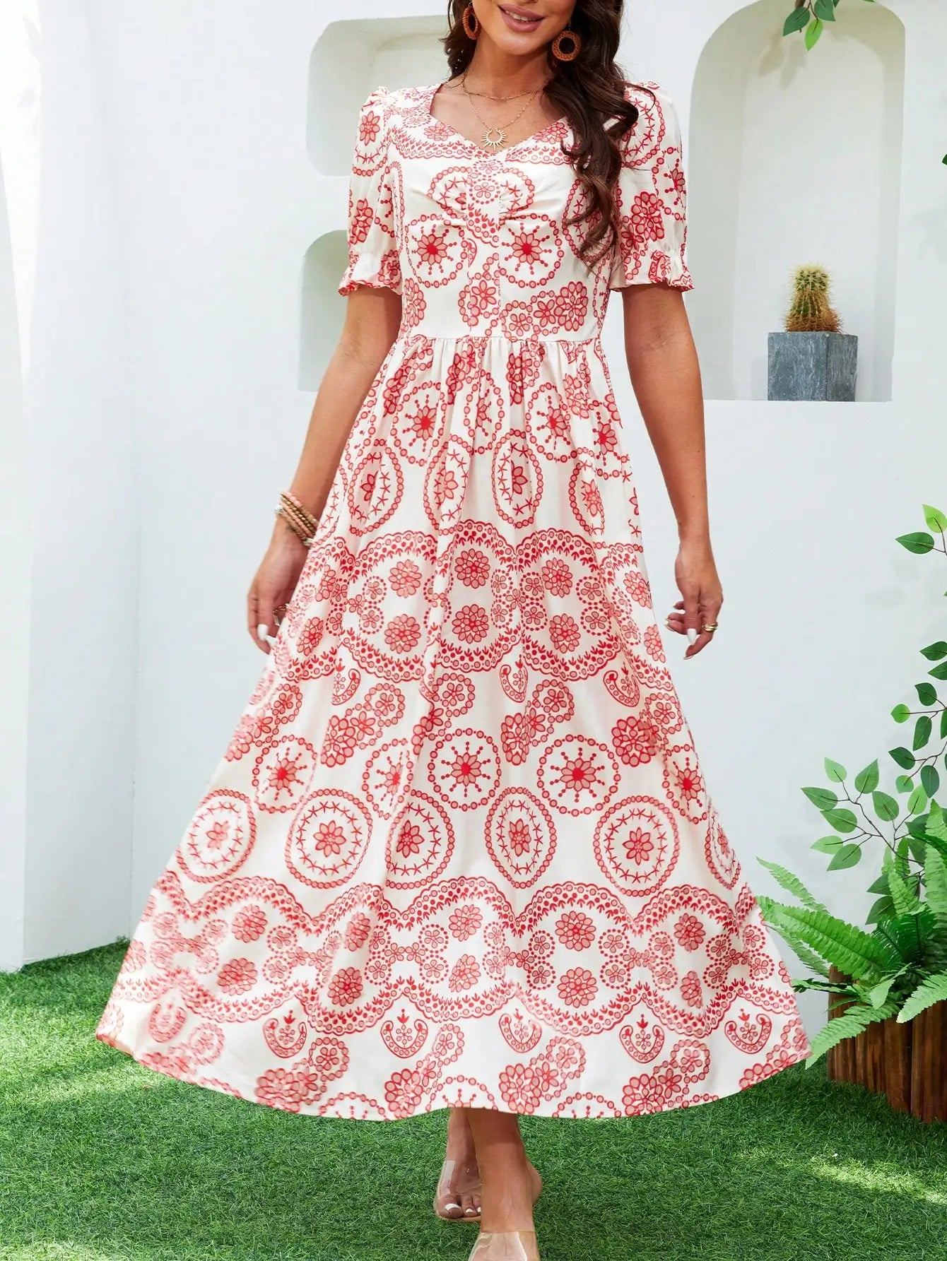 Bohemian High Waist Square Neck Floral Dress