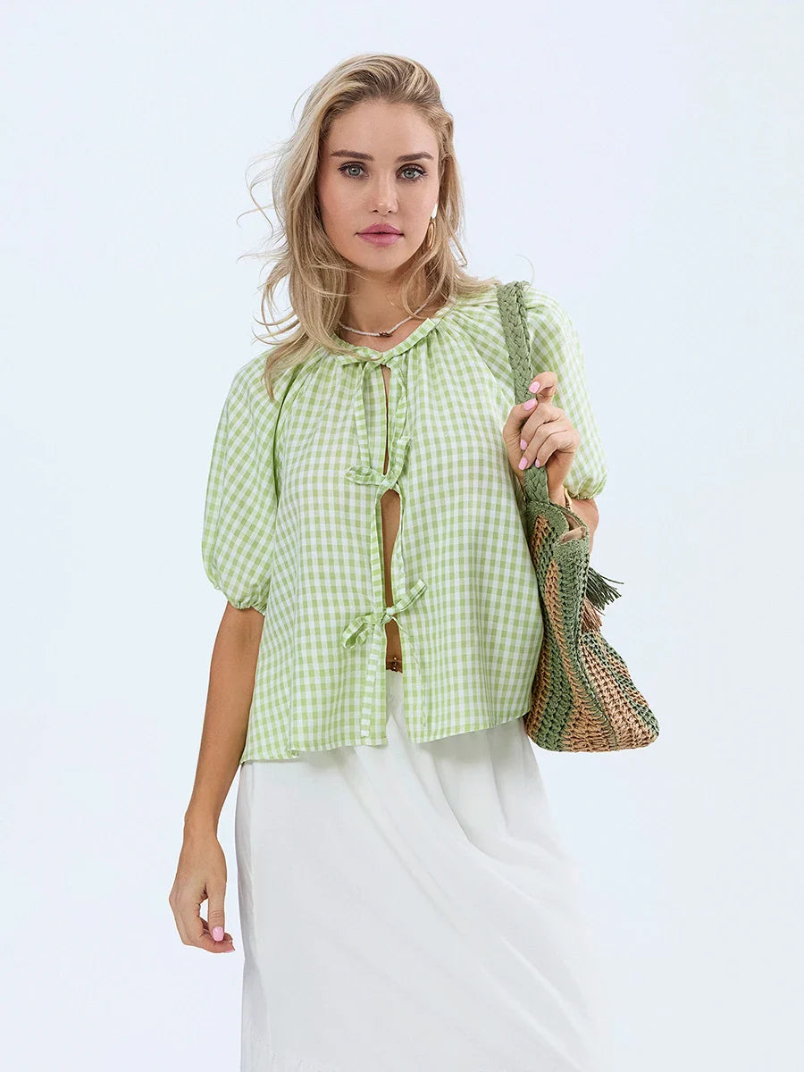 Vintage Plaid Tie-Up Blouse - Fashionpara