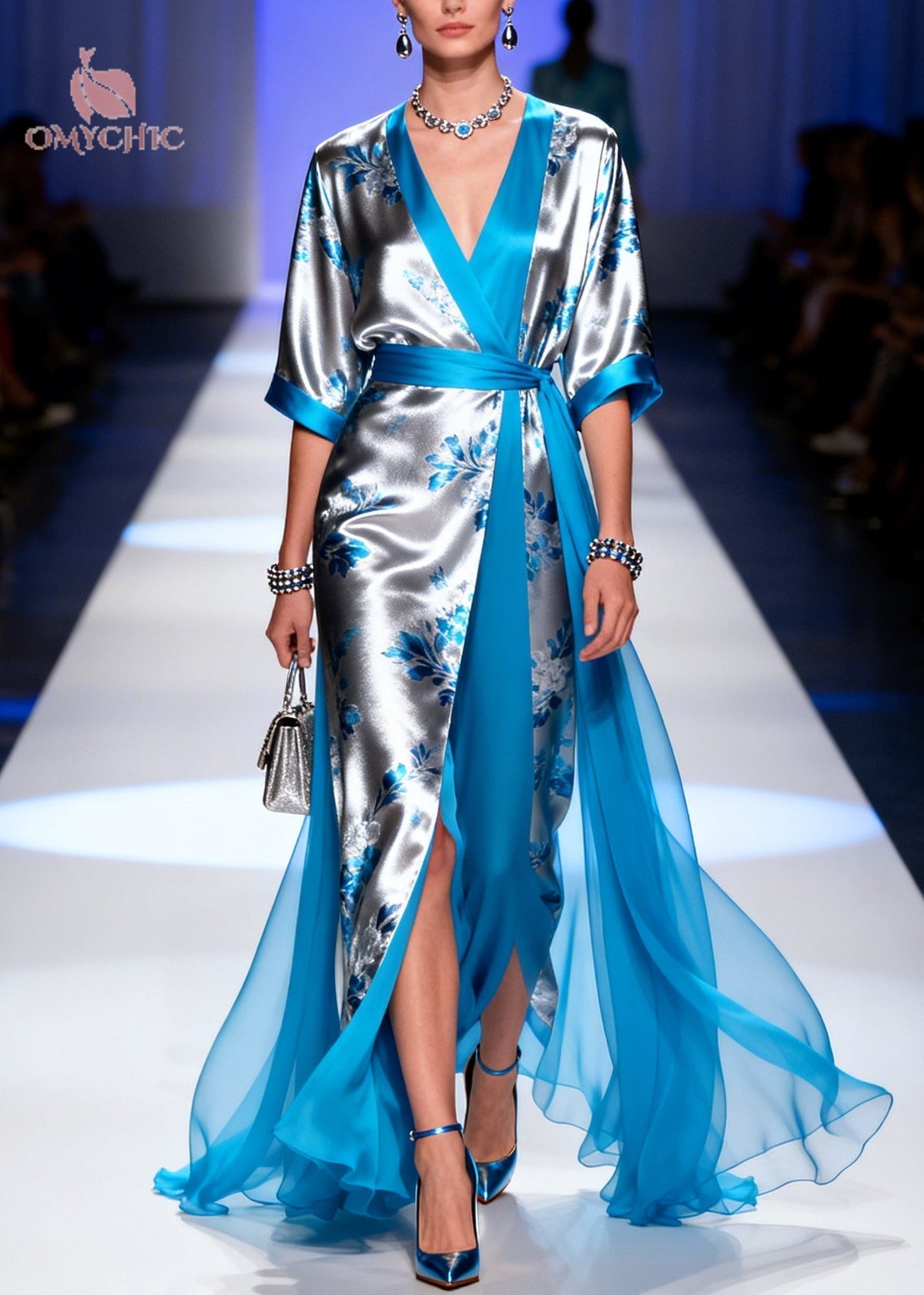 Floral Print Wrap V-Neck Sleeve Sash Waist High Split Sheer Gown