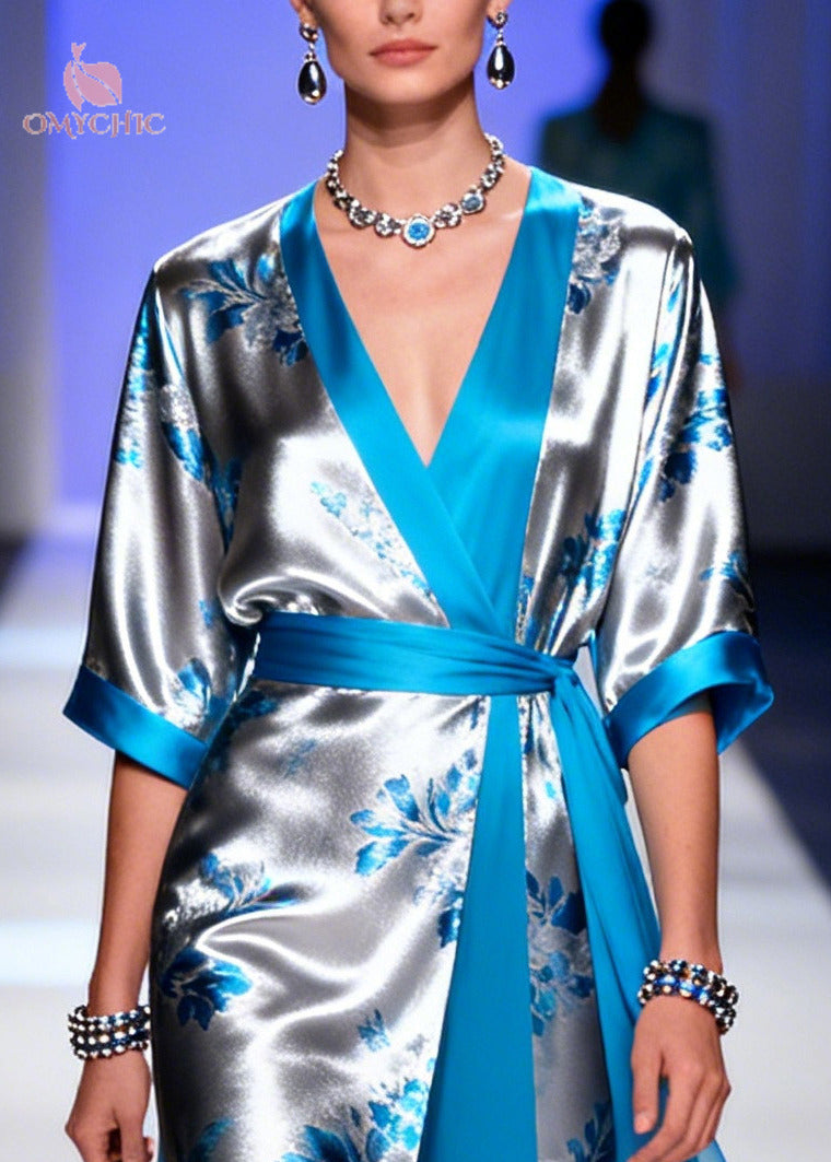 Floral Print Wrap V-Neck Sleeve Sash Waist High Split Sheer Gown - View 2