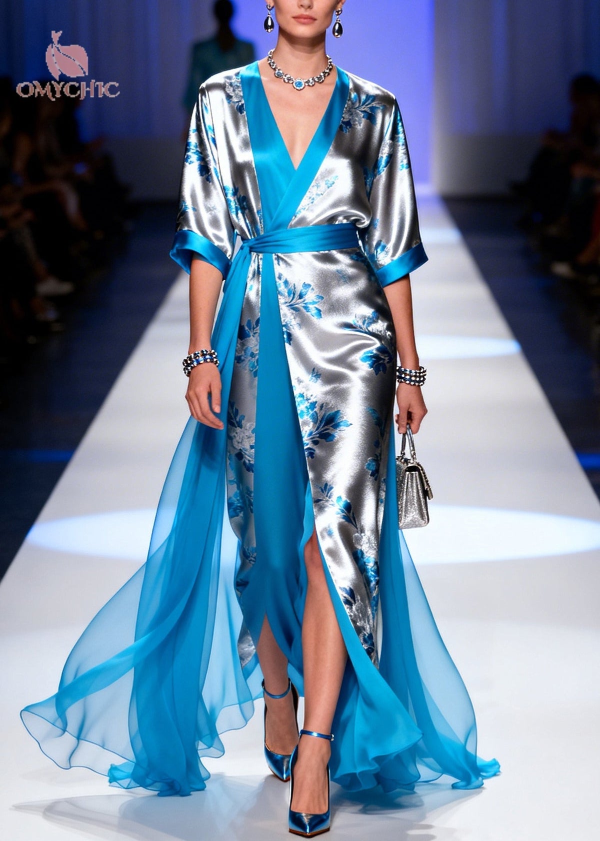 Floral Print Wrap V-Neck Sleeve Sash Waist High Split Sheer Gown - View 3
