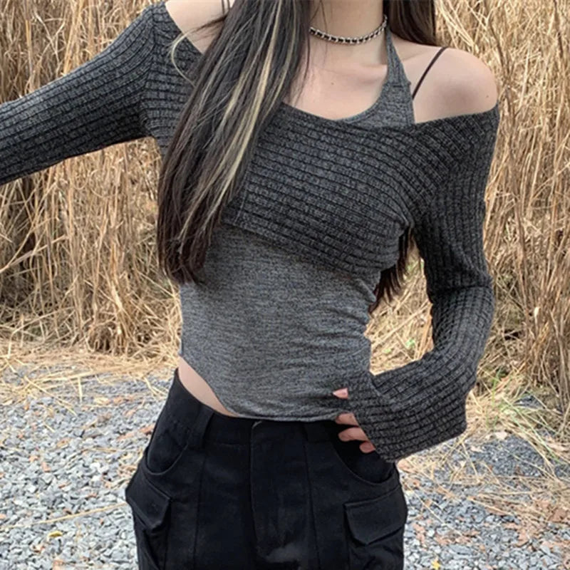 Solid Tank Tie-Up Halter Backless Long Sleeve Knit Top - Fashionpara