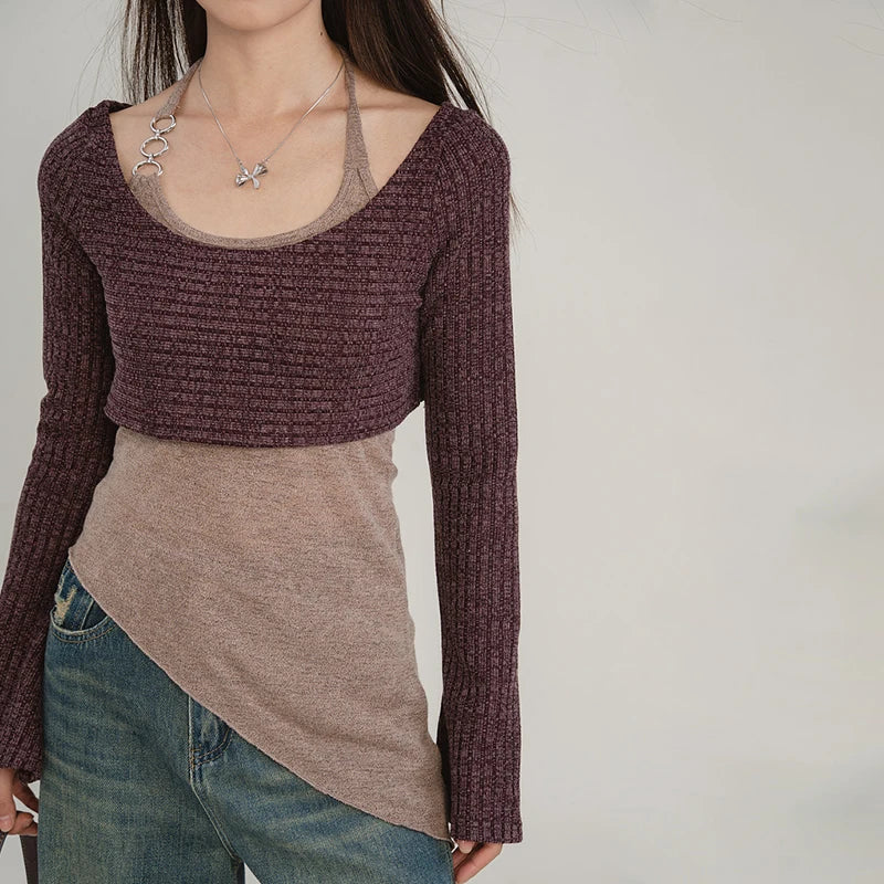 Solid Tank Tie-Up Halter Backless Long Sleeve Knit Top - Fashionpara