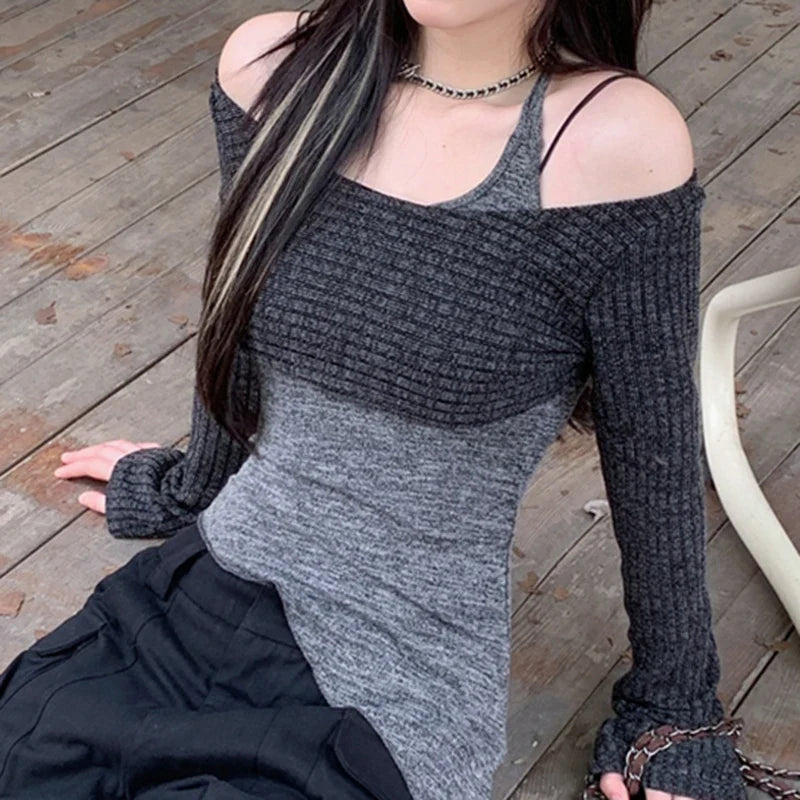 Solid Tank Tie-Up Halter Backless Long Sleeve Knit Top - Fashionpara