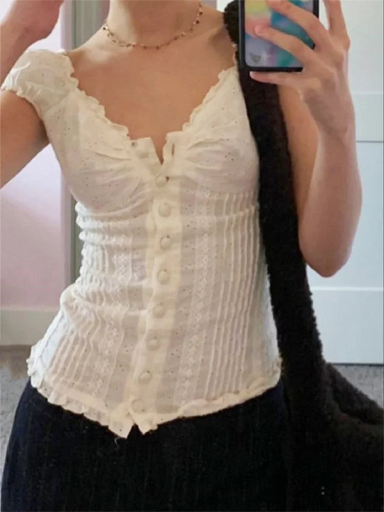 Retro Square Neck Button Down Short Sleeve Blouse